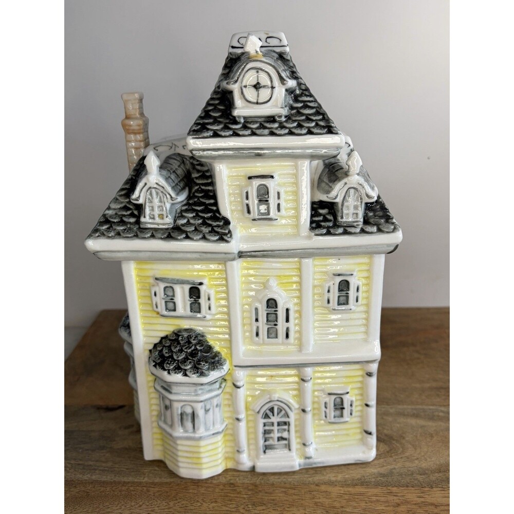 Victorian House Cookie Jar Canister Yellow Gray Vintage - Picture 1 of 14